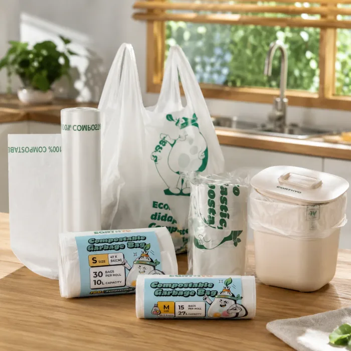 Earthya compostable garbage bags, produce roll and waste bin on a kitchen counter