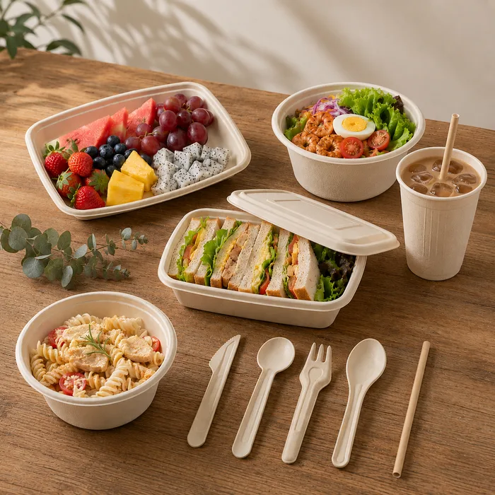 Earthya plant fibre tableware — containers, bowls and cutlery with food